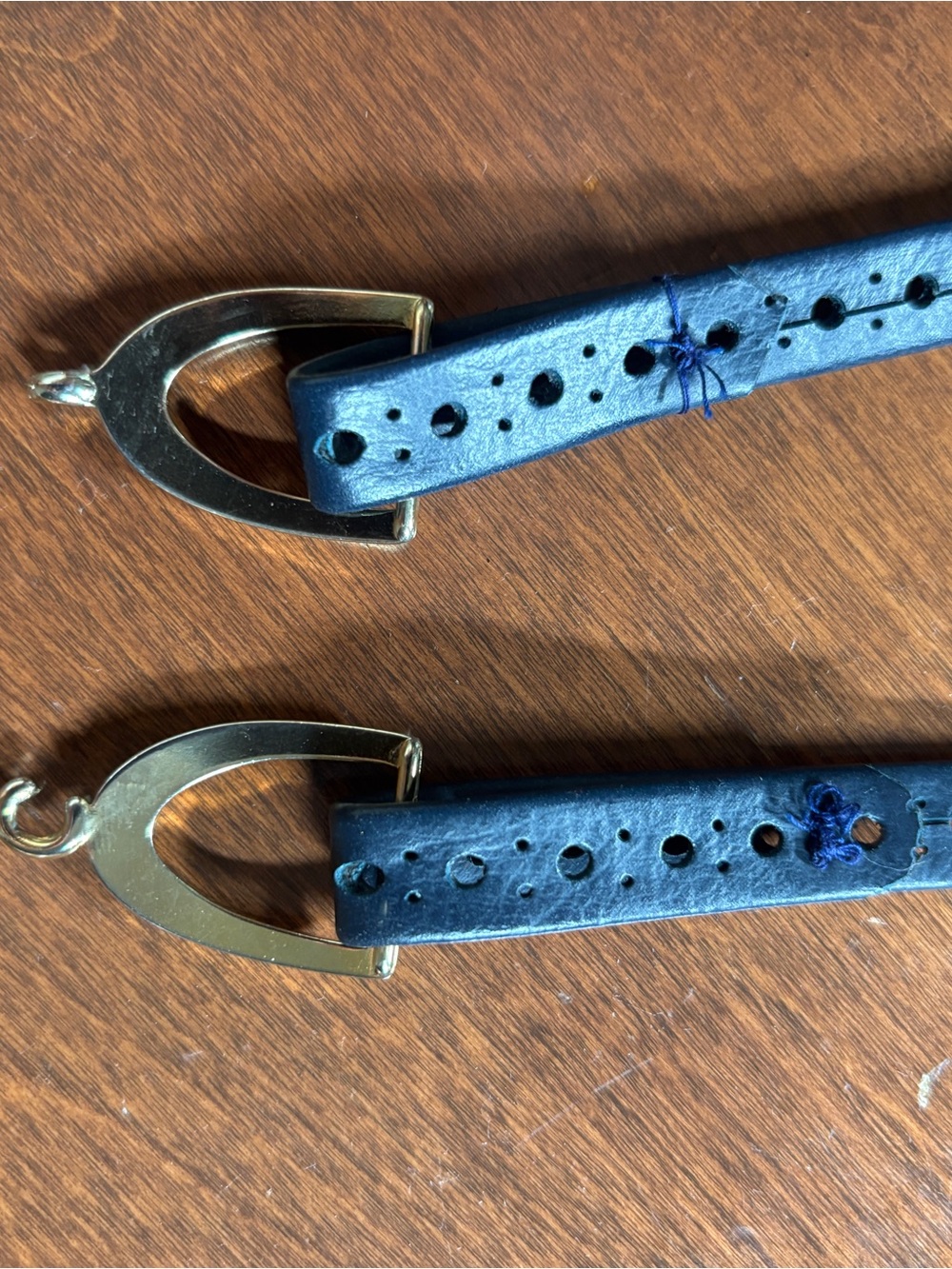 Unique Handmade Dark Blue Leather Belt with Gold Hardware - Picture 3 of 5
